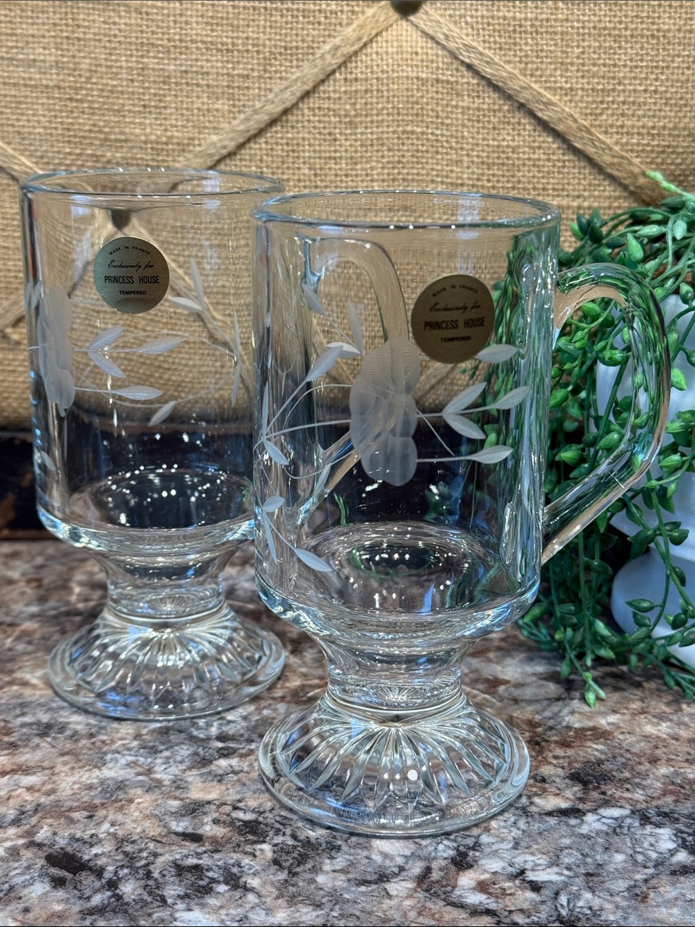 Princess House Etched Floral Glass Mugs — Clear Pedestal Set